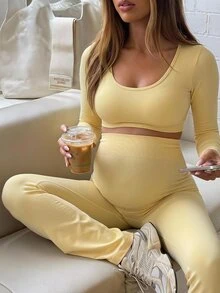 Lyckli Maternity Solid Color Long Sleeve Cropped T-Shirt And Leggings Sports Set Fall - Yellow - View 1