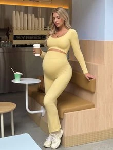 Lyckli Maternity Solid Color Long Sleeve Cropped T-Shirt And Leggings Sports Set Fall - Yellow - View 6