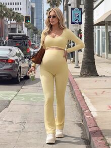 Lyckli Maternity Solid Color Long Sleeve Cropped T-Shirt And Leggings Sports Set Fall - Yellow - View 3