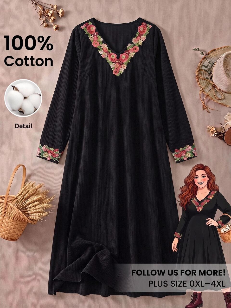 Plus Size Vacation Casual Boho Goth Embroidered Applique Dress Autumn Office Vacation Black