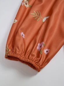 Rusticease Plus Size Floral Print Button Pleated Long Sleeve Vacation Dress Fall - Brown - View 6