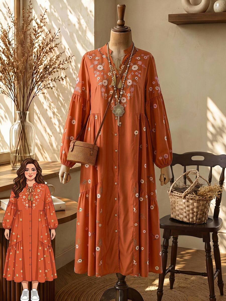Rusticease Plus Size Floral Print Button Pleated Long Sleeve Vacation Dress Fall - Brown - View 1