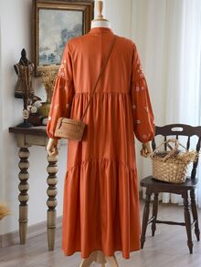 Rusticease Plus Size Floral Print Button Pleated Long Sleeve Vacation Dress Fall - Brown - View 3