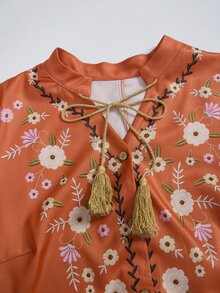 Rusticease Plus Size Floral Print Button Pleated Long Sleeve Vacation Dress Fall - Brown - View 4
