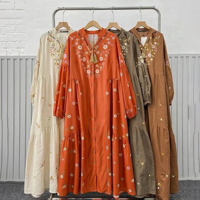 Plus Size Floral Print Button Pleated Long Sleeve Vacation Dress