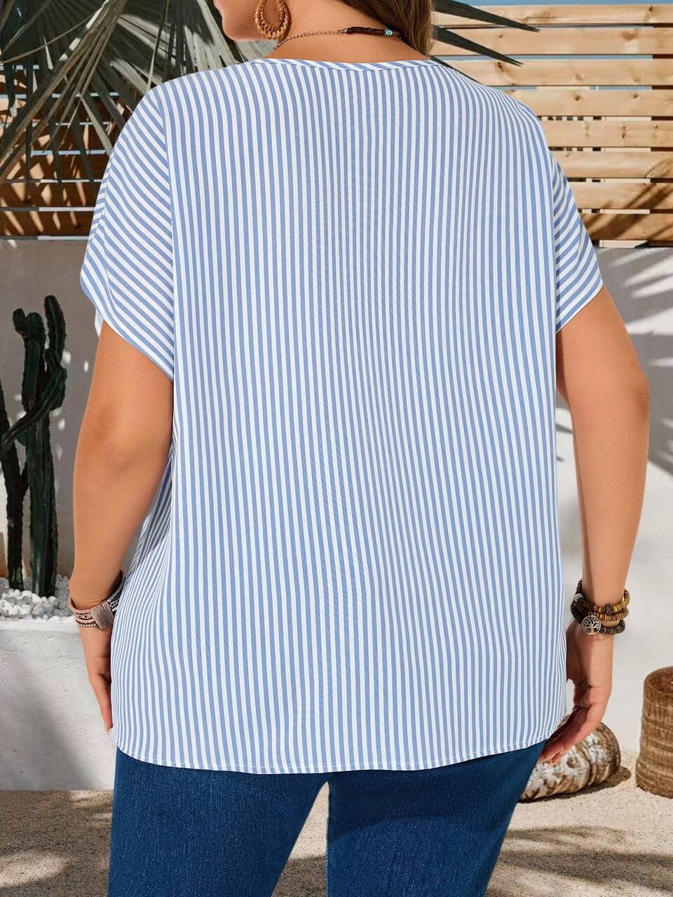 Plus Size Vacation Casual Striped Batwing Sleeve Shirt