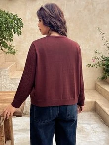 SHEIN Frenchy 大尺碼休閒端莊優雅素色開襟衫，適合秋季教師節、辦公室、晚宴、正式約會與商務場合，酒紅色 - 棕色 - 查看 6