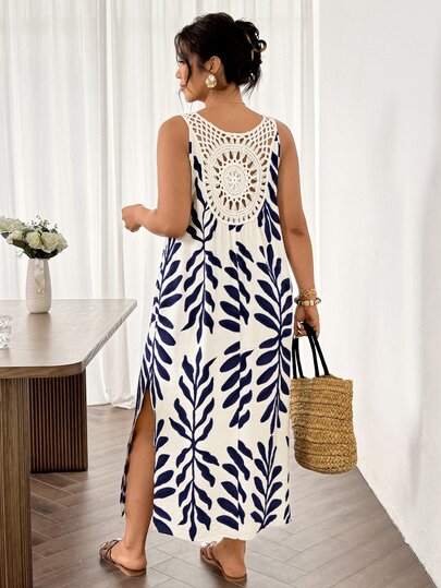 SHEIN Frenchy Plus Size Casual Vacation V-Neck Lace Patchwork Split Dress