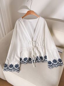 CosyJoli Plus Size Casual Romantic Embroidered Patchwork V-Neck Waist Flared Long Sleeve Blouse For Women Spring Fall - Blue and White - View 6