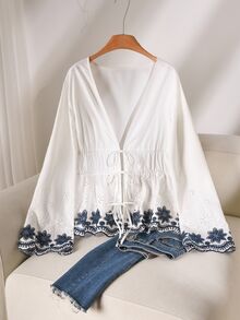 CosyJoli Plus Size Casual Romantic Embroidered Patchwork V-Neck Waist Flared Long Sleeve Blouse For Women Spring Fall - Blue and White - View 2