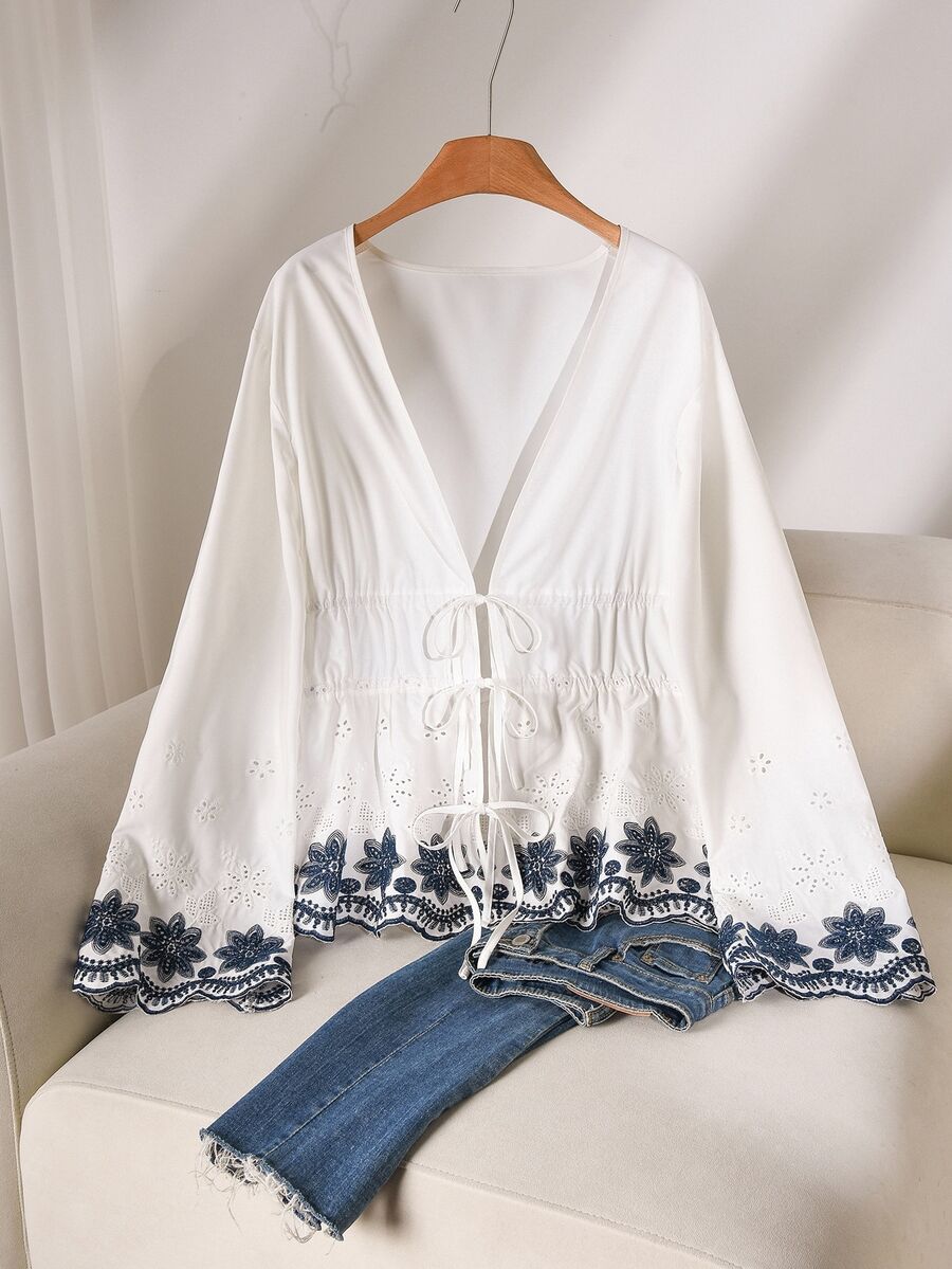 CosyJoli Plus Size Casual Romantic Embroidered Patchwork V-Neck Waist Flared Long Sleeve Blouse For Women Spring Fall
