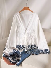 CosyJoli Plus Size Casual Romantic Embroidered Patchwork V-Neck Waist Flared Long Sleeve Blouse For Women Spring Fall - Blue and White - View 7