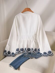 CosyJoli Plus Size Casual Romantic Embroidered Patchwork V-Neck Waist Flared Long Sleeve Blouse For Women Spring Fall - Blue and White - View 3