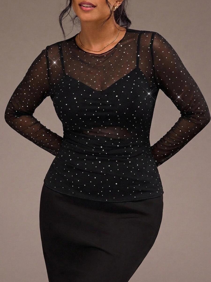 Freevana Women Sexy Chic Black Sheer Mesh Sequin Long Sleeve Ruffle Trim Pullover Slim Club Party Tops Fall - Black - View 1