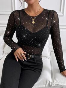 Freevana Women Sexy Chic Black Sheer Mesh Sequin Long Sleeve Ruffle Trim Pullover Slim Club Party Tops Fall - Black - View 3