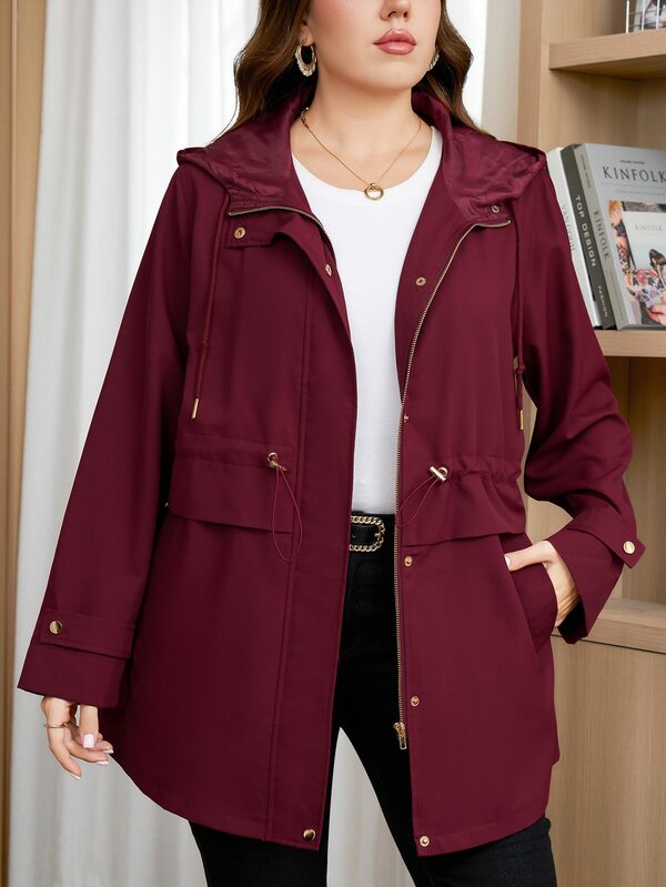 Reflora Plus Size Women's Solid Color Long Sleeve Zip-Up Casual Trench Coat Fall