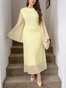 SHEIN LUNE Gaun Lengan Lebar Jala Kasual Ukuran Besar untuk Musim Gugur - Angsa kuning - View 6