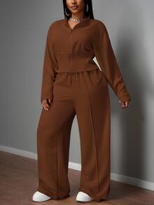 Slaydiva 秋冬新品，女士秋冬服装，万圣节，大码女士家居服套装，棕色两件套，高个两件套，保守款两件套，长袖两件套，棕色长袖套装 - 棕色 - 查看 9