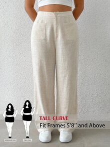 SHEIN Tall CURVE Plus Size Women's Linen Autumn Holiday Casual Apricot Woven Straight Leg Pants Fall - Apricot - View 4