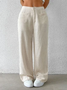 SHEIN Tall CURVE Plus Size Women's Linen Autumn Holiday Casual Apricot Woven Straight Leg Pants Fall - Apricot - View 10