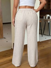 SHEIN Tall CURVE Plus Size Women's Linen Autumn Holiday Casual Apricot Woven Straight Leg Pants Fall - Apricot - View 2