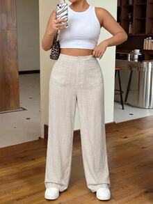 SHEIN Tall CURVE Plus Size Women's Linen Autumn Holiday Casual Apricot Woven Straight Leg Pants Fall - Apricot - View 6