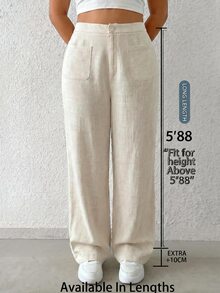 SHEIN Tall CURVE Plus Size Women's Linen Autumn Holiday Casual Apricot Woven Straight Leg Pants Fall - Apricot - View 1