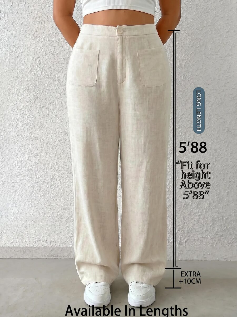 SHEIN Tall CURVE Plus Size Women's Linen Autumn Holiday Casual Apricot Woven Straight Leg Pants Fall - Apricot - View 1