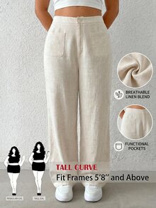 SHEIN Tall CURVE Plus Size Women's Linen Autumn Holiday Casual Apricot Woven Straight Leg Pants Fall - Apricot - View 3