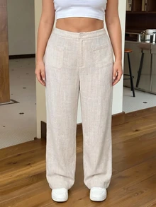 SHEIN Tall CURVE Plus Size Women's Linen Autumn Holiday Casual Apricot Woven Straight Leg Pants Fall - Apricot - View 9