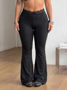 SHEIN PETITE CURVE Plus Size Solid Color Lace Patchwork Flare Pants Fall - Black - View 3