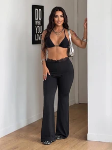 SHEIN PETITE CURVE Plus Size Solid Color Lace Patchwork Flare Pants Fall - Black - View 7