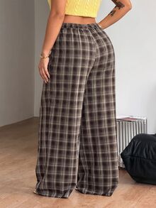 SHEIN Tall CURVE 女款大尺碼格紋休閒 80 年代風格百搭寬腿褲，適合日常穿著、秋季畢業正式場合，灰色 - 棕色 - 查看 5