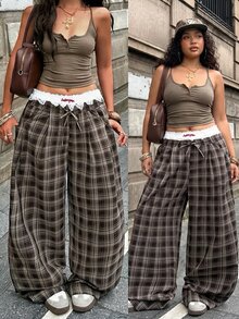 SHEIN Tall CURVE 女款大尺碼格紋休閒 80 年代風格百搭寬腿褲，適合日常穿著、秋季畢業正式場合，灰色 - 棕色 - 查看 10