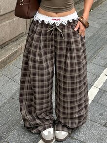 SHEIN Tall CURVE 女款大尺碼格紋休閒 80 年代風格百搭寬腿褲，適合日常穿著、秋季畢業正式場合，灰色 - 棕色 - 查看 7