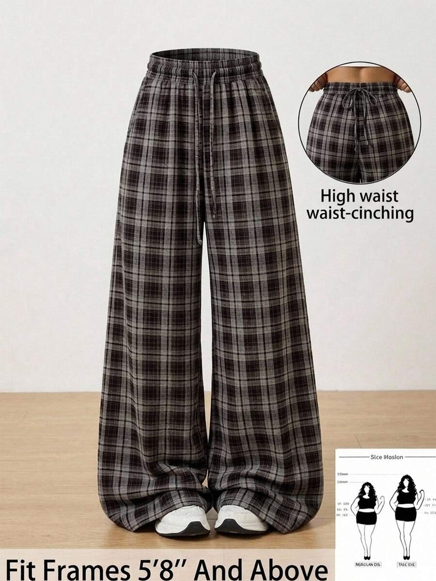 SHEIN Tall CURVE 女款大尺碼格紋休閒 80 年代風格百搭寬腿褲，適合日常穿著、秋季畢業正式場合，灰色