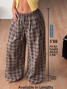 SHEIN Tall CURVE 女款大尺碼格紋休閒 80 年代風格百搭寬腿褲，適合日常穿著、秋季畢業正式場合，灰色 - 棕色 - 查看 3