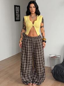 SHEIN Tall CURVE 女款大尺碼格紋休閒 80 年代風格百搭寬腿褲，適合日常穿著、秋季畢業正式場合，灰色 - 棕色 - 查看 4