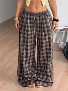SHEIN Tall CURVE 女款大尺碼格紋休閒 80 年代風格百搭寬腿褲，適合日常穿著、秋季畢業正式場合，灰色 - 棕色 - 查看 11
