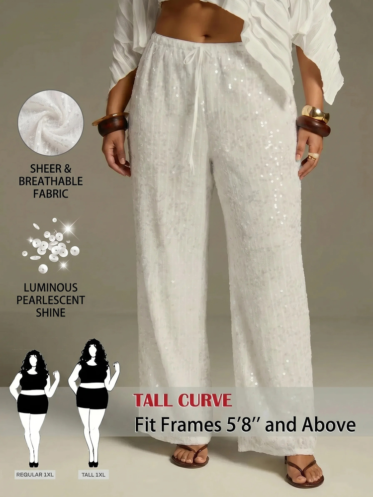 SHEIN Tall CURVE Plus Size Women Solid Color Waist Tie Sequin Straight Leg Pants Fall - White - View 3