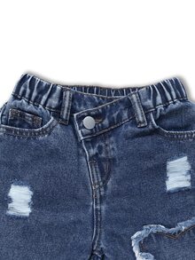 SHEIN ChillGRL 女童 Y2K 休閒日常百搭街頭風獨特不對稱彈性腰破損寬腿直筒牛仔長褲 2025 嬰兒藍 夏季 - 中等水洗藍 - 查看 4