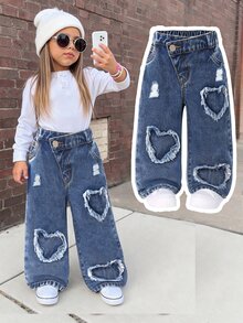 SHEIN ChillGRL 女童 Y2K 休閒日常百搭街頭風獨特不對稱彈性腰破損寬腿直筒牛仔長褲 2025 嬰兒藍 夏季 - 中等水洗藍 - 查看 1