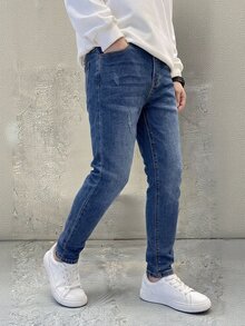 SHEIN Explorewe 男童全鬆緊腰抽繩百搭簡約舒適彈性淺灰色修身牛仔長褲 - 深色水洗藍 - 查看 3