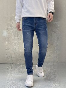 SHEIN Explorewe 男童全鬆緊腰抽繩百搭簡約舒適彈性淺灰色修身牛仔長褲 - 深色水洗藍 - 查看 6