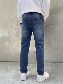 SHEIN Explorewe 男童全鬆緊腰抽繩百搭簡約舒適彈性淺灰色修身牛仔長褲 - 深色水洗藍 - 查看 2