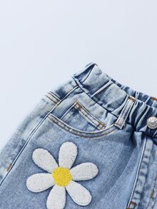 SHEIN ChillGRL 時尚少女長款藍色牛仔褲，迷人花卉植絨設計，舒適直筒 70 年代風牛仔褲，適合秋冬 - 淺藍色 - 查看 6