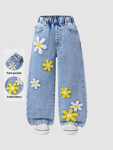 SHEIN ChillGRL 時尚少女長款藍色牛仔褲，迷人花卉植絨設計，舒適直筒 70 年代風牛仔褲，適合秋冬 - 淺藍色 - 查看 8