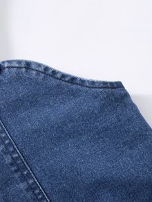 SHEIN 女童可爱甜美拼接A字下摆吊带连衣裙，夏季轻盈新品，水洗深牛仔蓝，休闲甜美街头风时尚度假设计，百搭简约拼接超大裙摆，无弹力松紧腰牛仔短裙，柔软舒适的棉质牛仔面料，适合日常穿着、聚会、派对、上学、通勤，春夏新品 - 深色水洗藍 - 查看 10