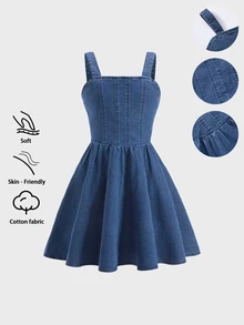 SHEIN 女童可爱甜美拼接A字下摆吊带连衣裙，夏季轻盈新品，水洗深牛仔蓝，休闲甜美街头风时尚度假设计，百搭简约拼接超大裙摆，无弹力松紧腰牛仔短裙，柔软舒适的棉质牛仔面料，适合日常穿着、聚会、派对、上学、通勤，春夏新品 - 深色水洗藍 - 查看 5