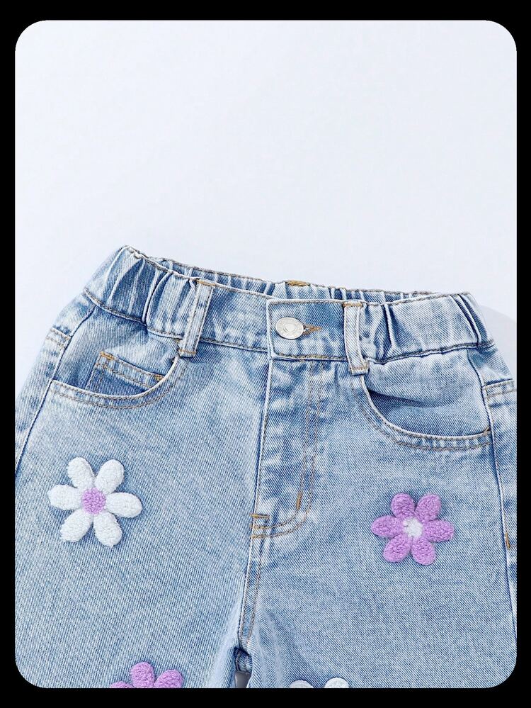 SHEIN ChillGRL Young Girls Baggy Jeans Y2k Oversized Wide Leg Jeans,2025 Aesthetic Fashion Snowflake Washed Distressed Embroidered Flare Pants,Light Blue Loose Denim - Light Wash - View 7